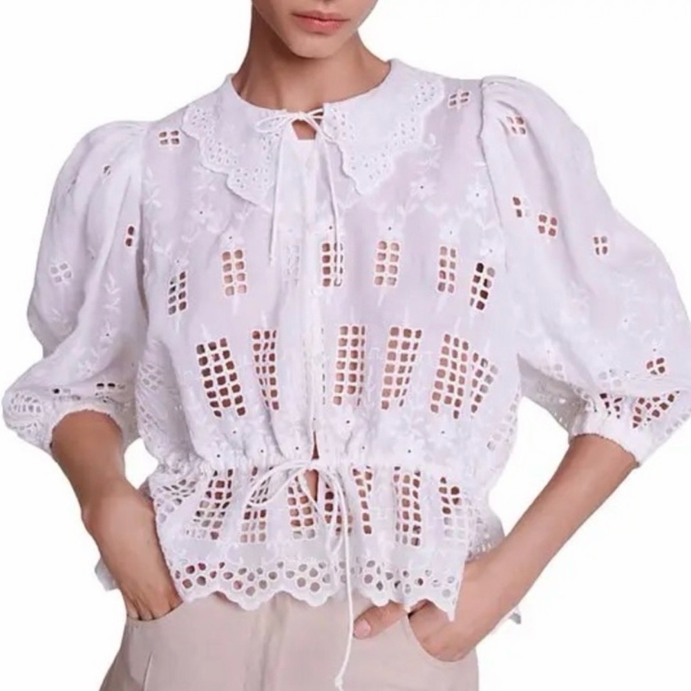NWT - MAJE Catina White Eyelet Lace Blouse - White - Size 1
